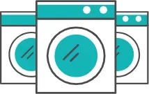 Tres lavadoras de color turquesa y blanco.