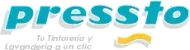 Logotipo de Presto. Texto "presto" en cian con sombra gris claro y espiral amarilla. Abajo, palabras en espa&ntilde;ol.