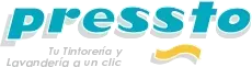 Logotipo de Presto. Texto "presto" en cian con sombra gris claro y espiral amarilla. Abajo, palabras en espa&ntilde;ol.