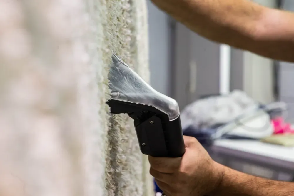 Camisas en perchas en una tintorería, varios colores pastel: rosa, azul, blanco.