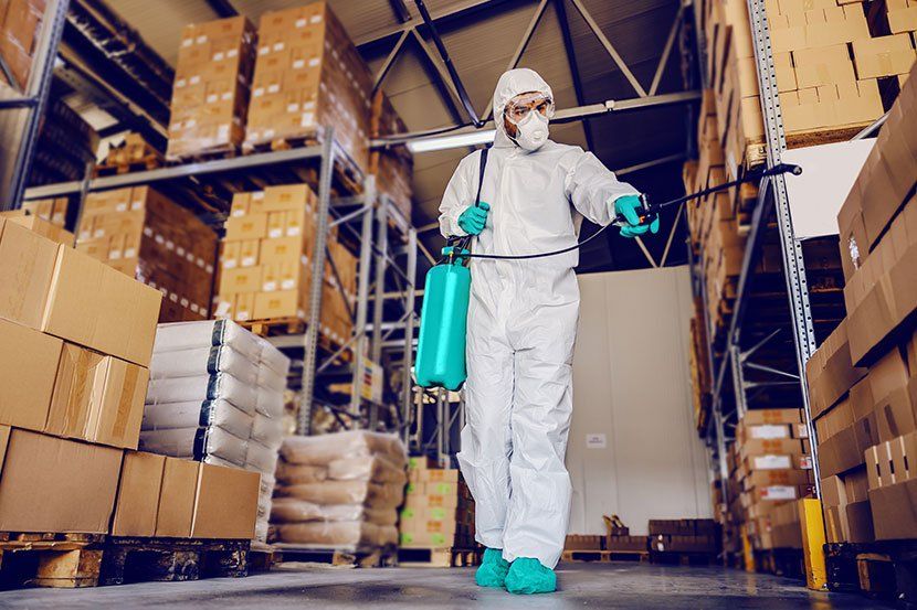 Professionnel de désinfection dans un dépôt
