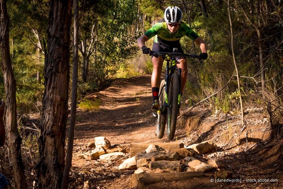 Ein Mountainbiker in einem grün-schwarzen Trikot fährt auf einem unbefestigten Weg durch einen Wald.