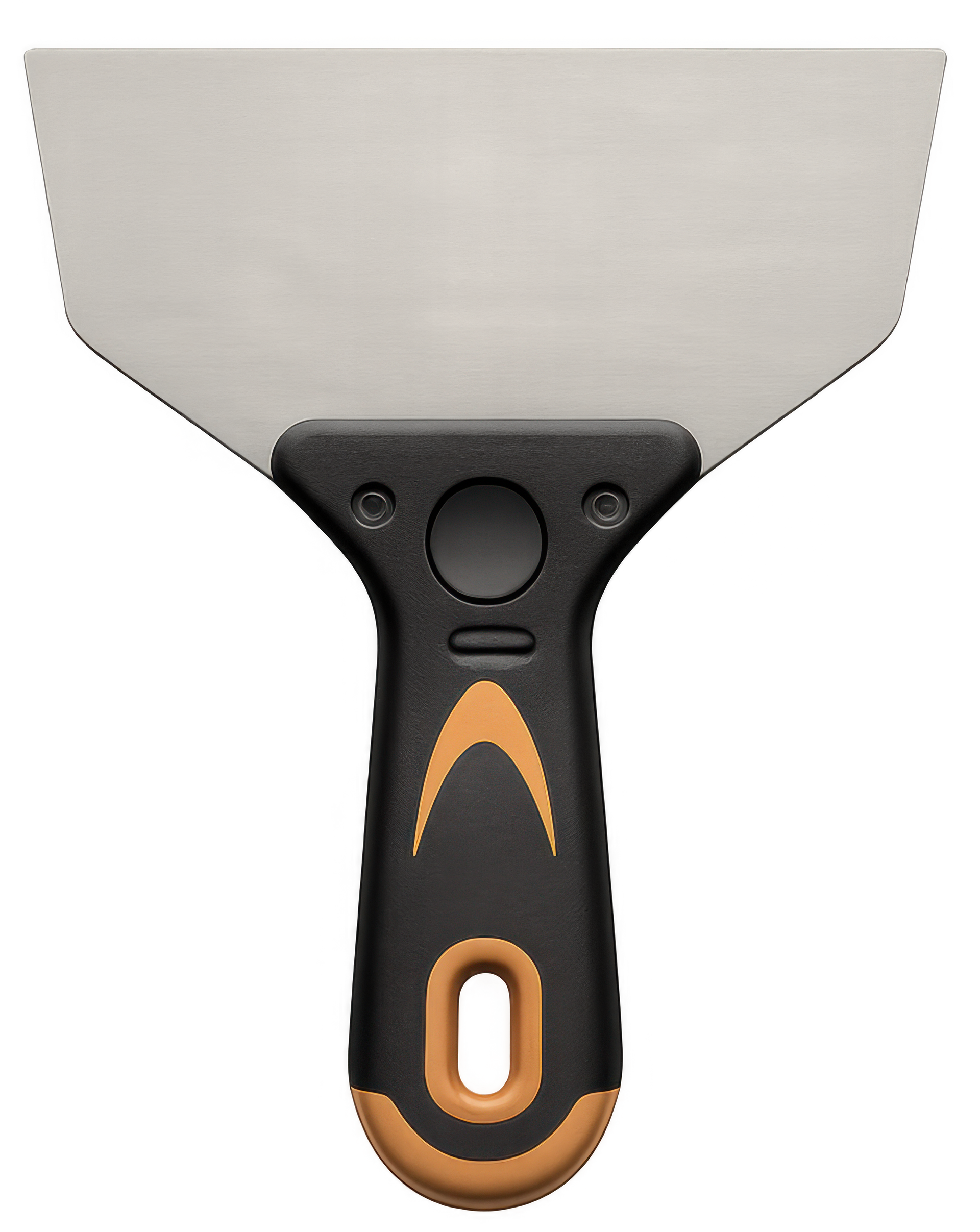 Couteau à mastic avec un manche noir et orange et une lame argentée.