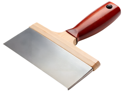 Couteau à cloison sèche large en métal avec manche en bois.