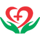 Cora&ccedil;&atilde;o vermelho com s&iacute;mbolo de cruz, segurado por m&atilde;os verdes, representando cuidados de sa&uacute;de ou apoio.