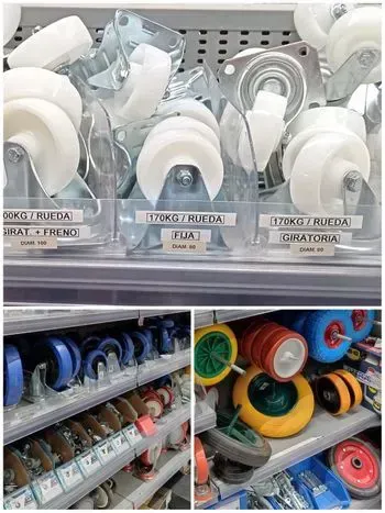 Hay muchos tipos diferentes de ruedas en los estantes.