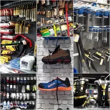 Un collage de imágenes de herramientas y zapatos en una tienda.