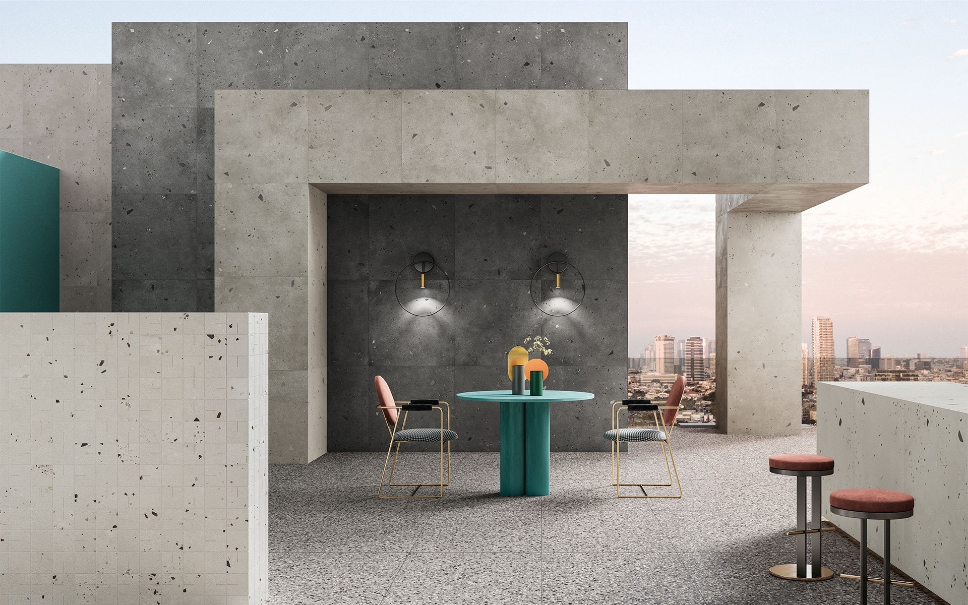 Patio moderne en béton avec table à manger extérieure, chaises, tabourets et appliques murales au coucher du soleil