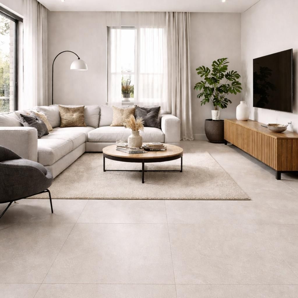 Salon moderne et lumineux avec un canapé d'angle blanc, une table basse ronde, une télévision et une plante en pot.