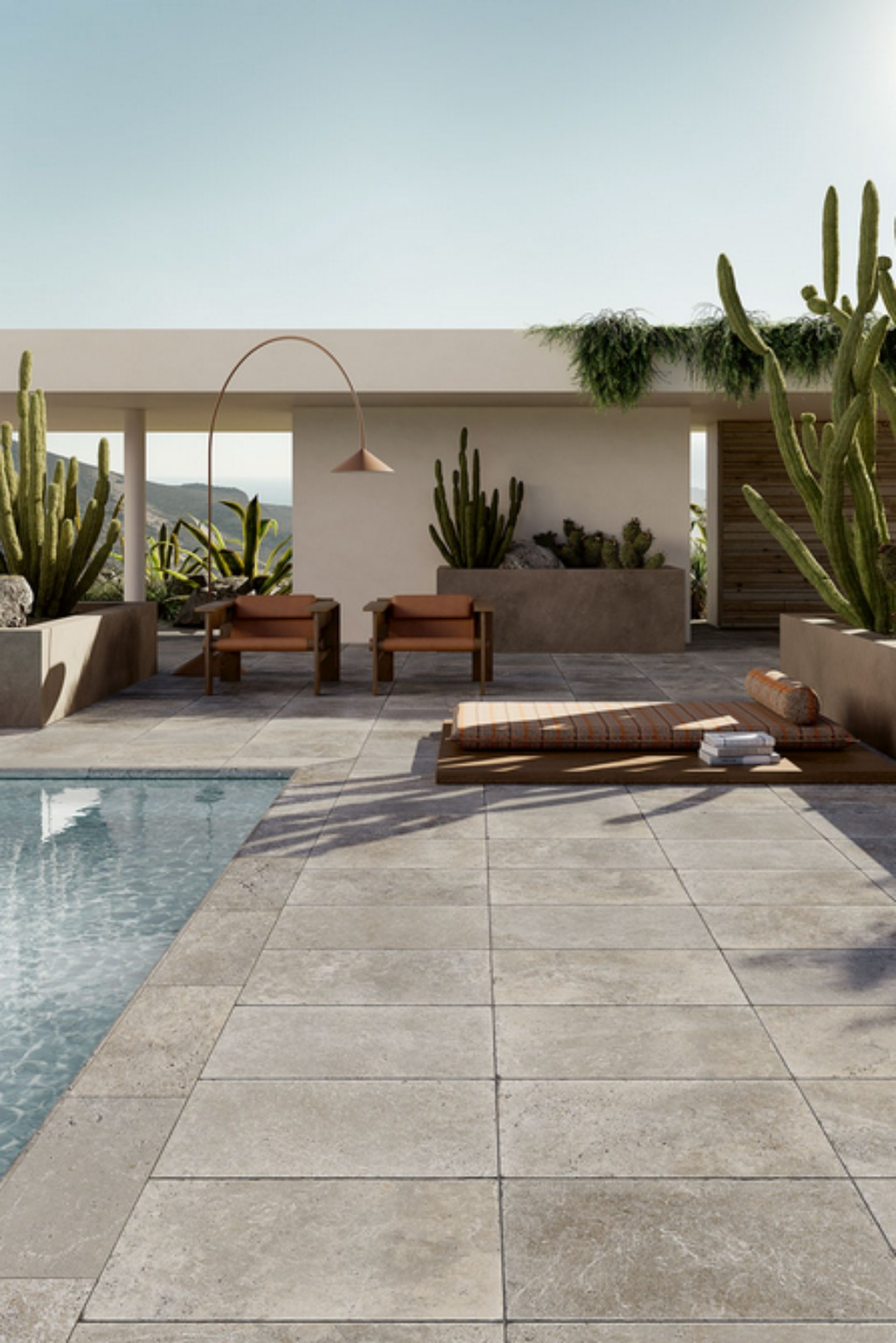 Terrasse en carrelage effet travertin