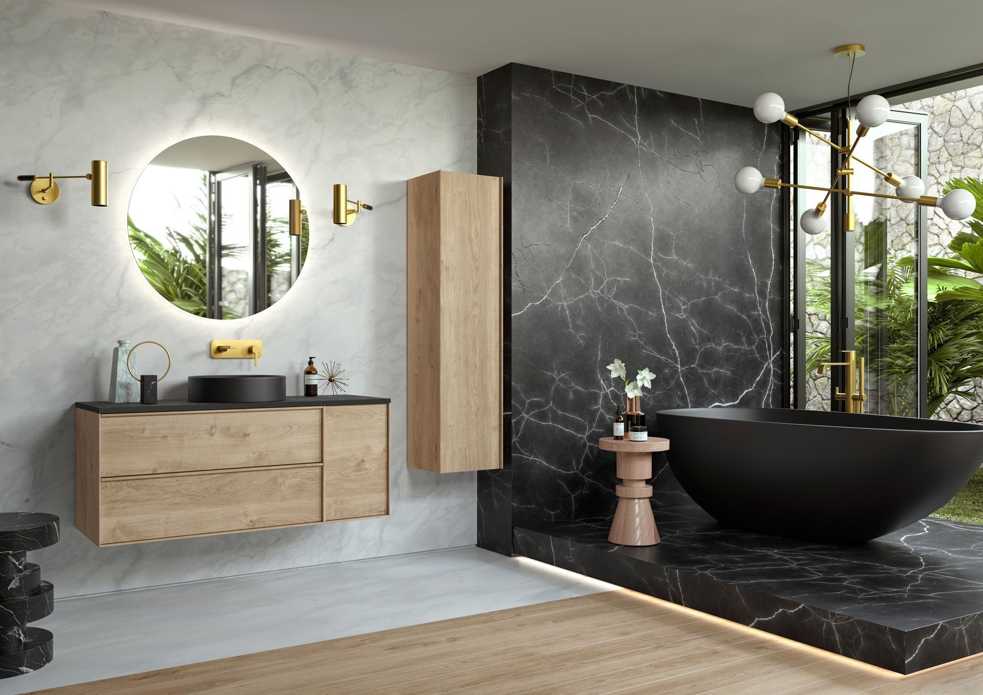 Salle de bains moderne avec miroir rond, meuble lavabo en bois et baignoire.