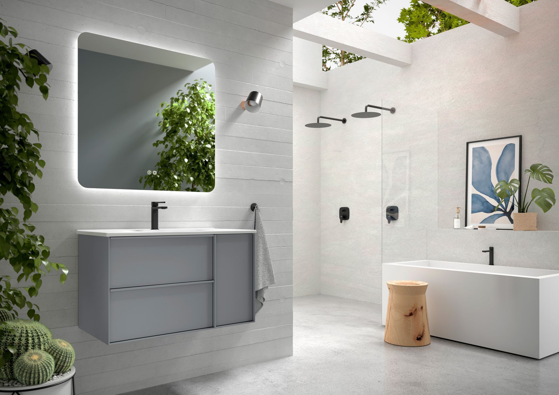 Salle de bains moderne et lumineuse avec meuble lavabo suspendu, grand miroir, douche à l'italienne et puits de lumière, tons blancs et gris.