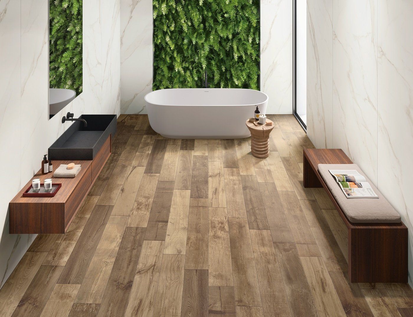 Salle de bains moderne de style SPA avec parquet, baignoire blanche et murs en marbre.