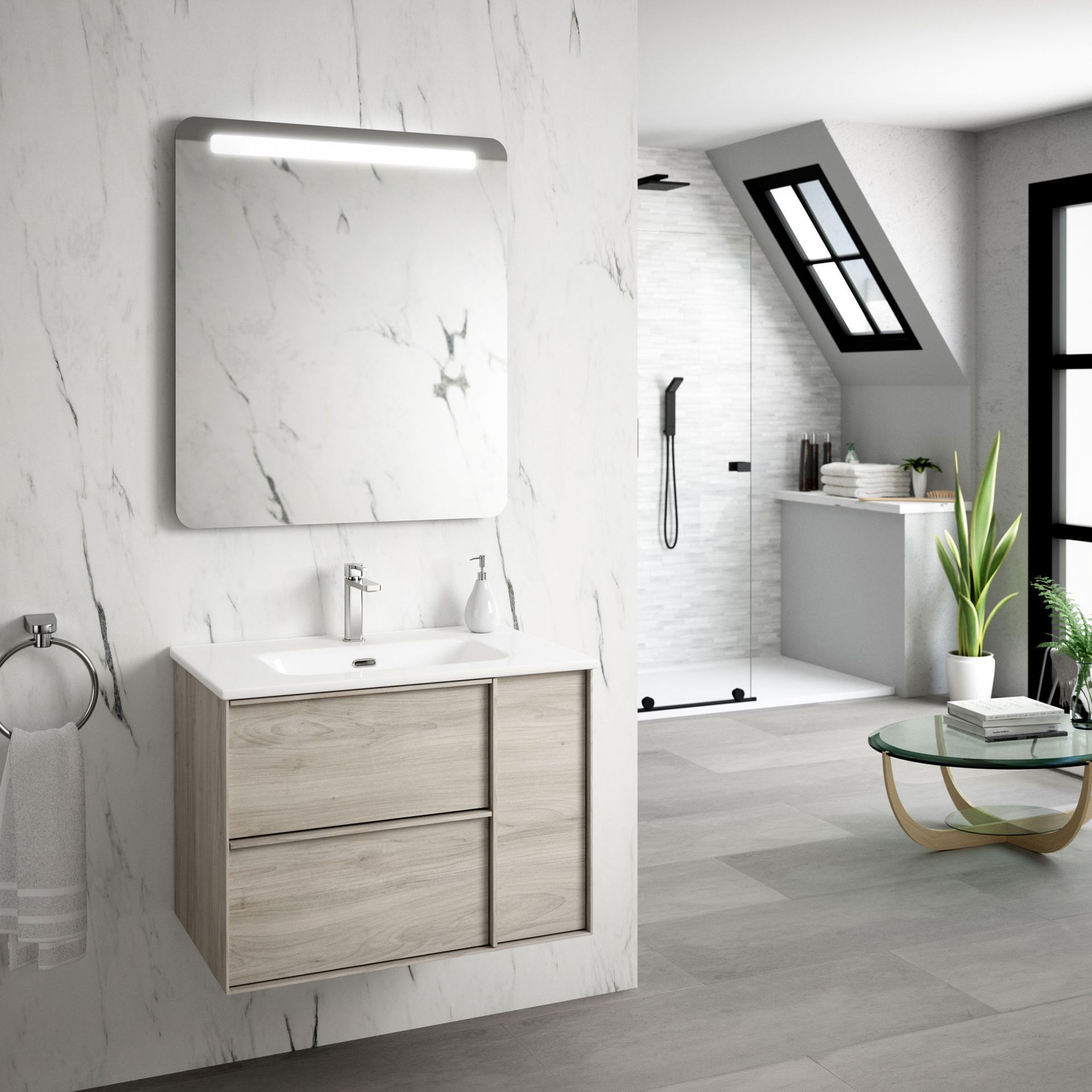 Salle de bains avec meuble lavabo en marbre, miroir mural avec éclairage, douche et petite plante.