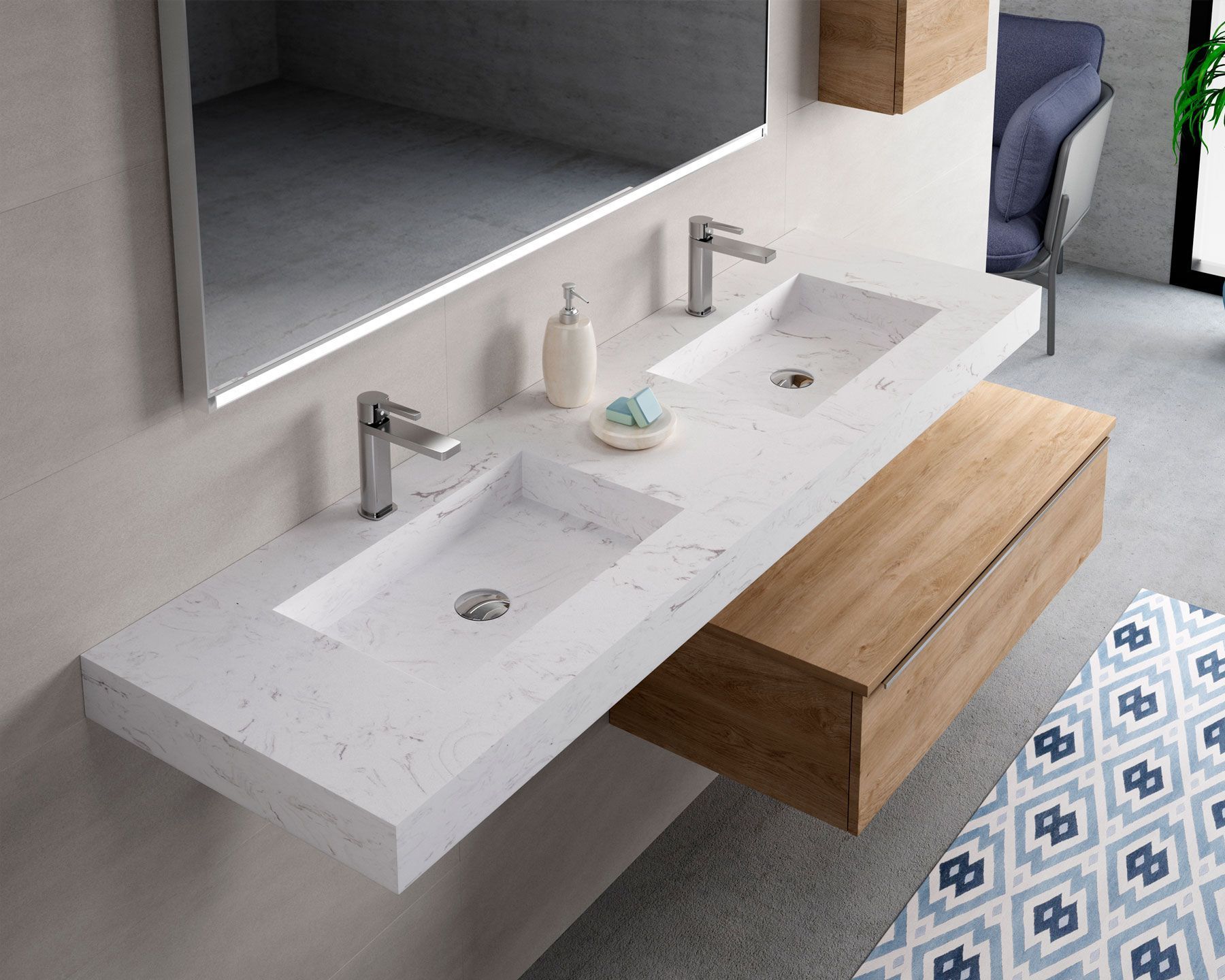 Meuble moderne avec double vasque et tiroirs en bois clair sous un miroir.