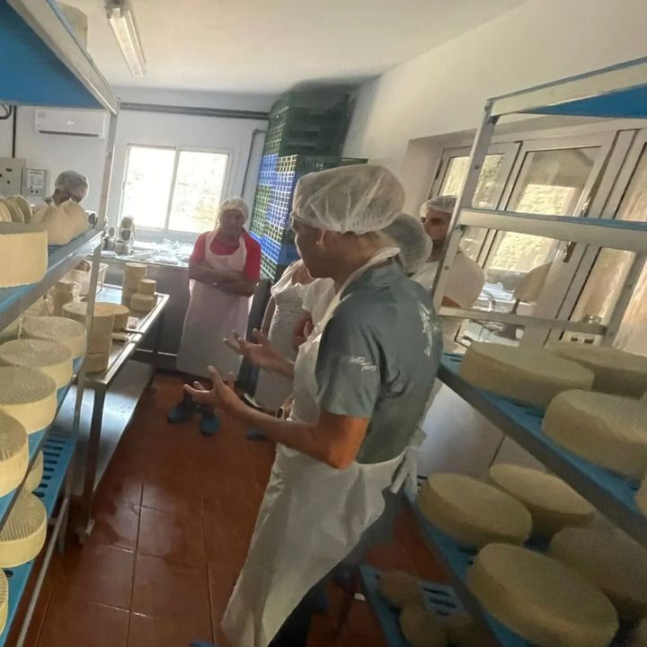 Un hombre con un delantal blanco está parado en una habitación llena de queso.