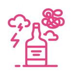 Una botella de alcohol está rodeada de nubes y relámpagos.