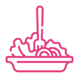 Un dibujo lineal de un plato de comida con fideos y un tenedor.