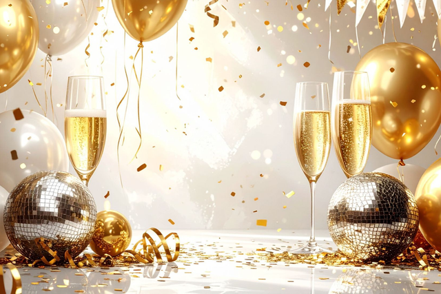 Sektgläser, Luftballons, Diskokugel und Luftschlangen in Gold und Silber hängen und stehen auf einem Tisch 