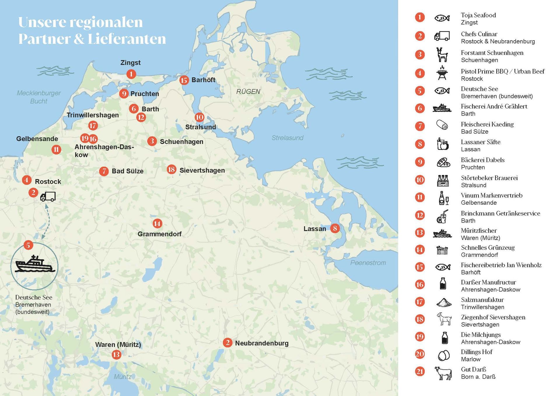 Landkarte mit regionalen Lieferanten für das Strandhotel Zingst