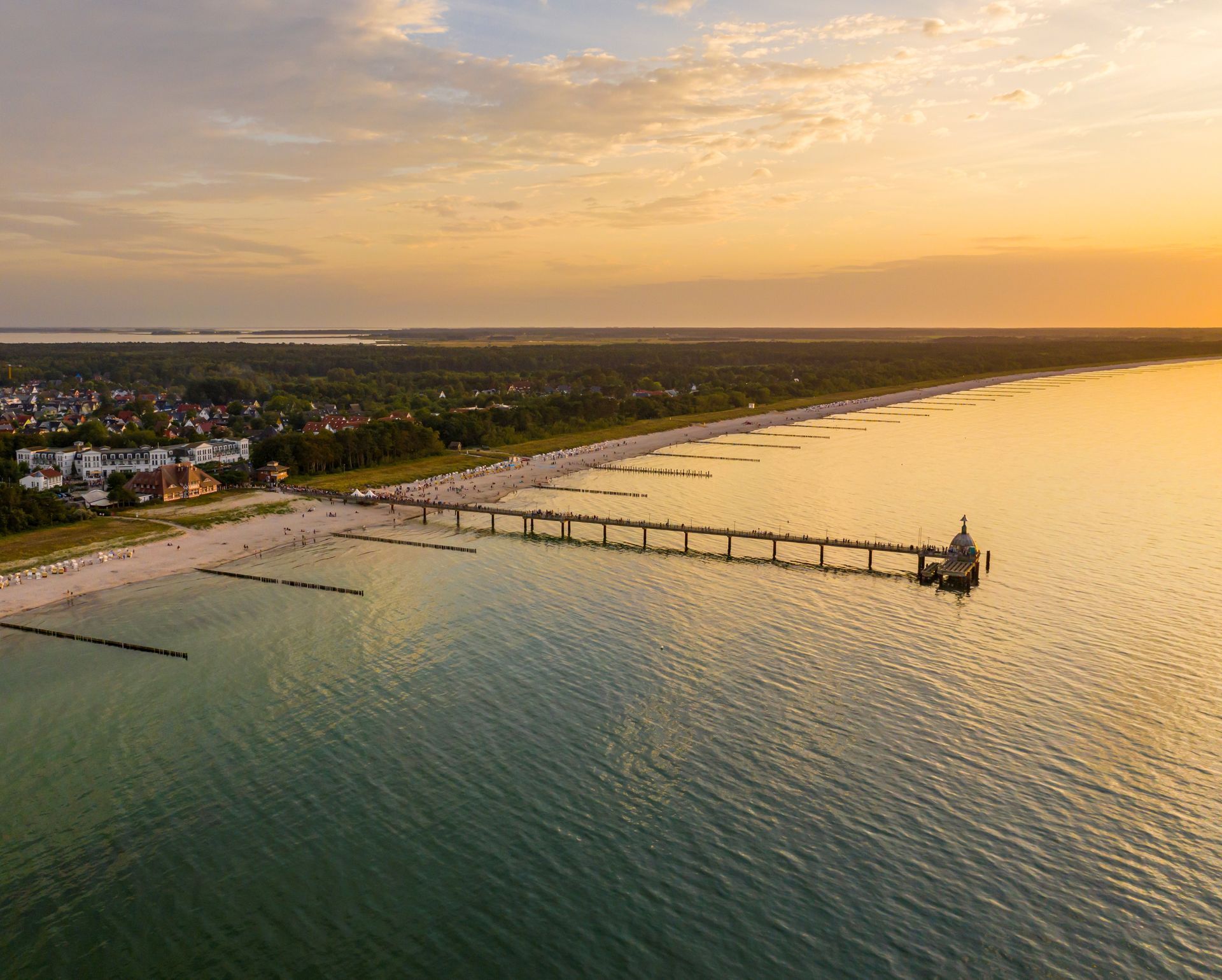 Schwarzer Hund auf einem sandigen Strandweg, der zur Seite blickt, im Hintergrund das Meer.