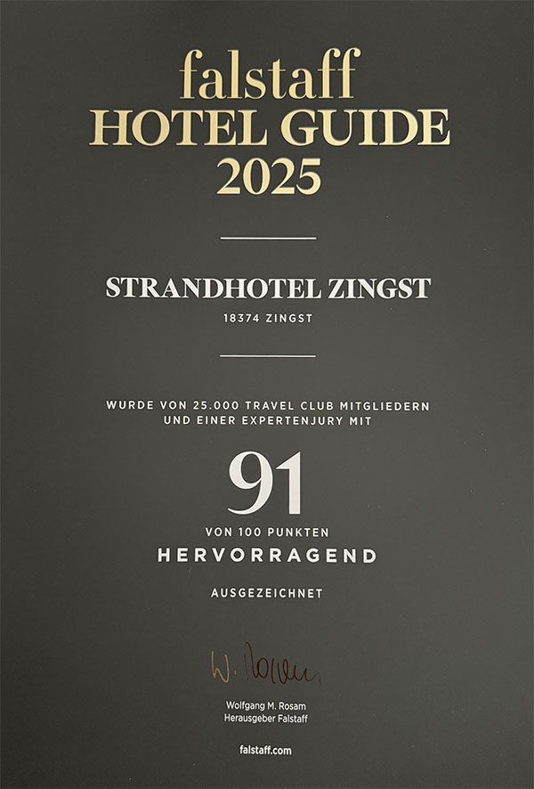 Cover of the Falstaff Hotel Guide 2025, featuring Strandhotel Zingst, awarded 91 points, and 