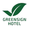 Grünes Blattlogo über dem Schriftzug „Greensign Hotel“ in dunkelgrüner Schrift.