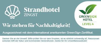 Nachhaltigkeitsbanner des Strandhotels Zingst mit grünem Blattlogo und GreenSign Hotel Level 4-Zertifizierung