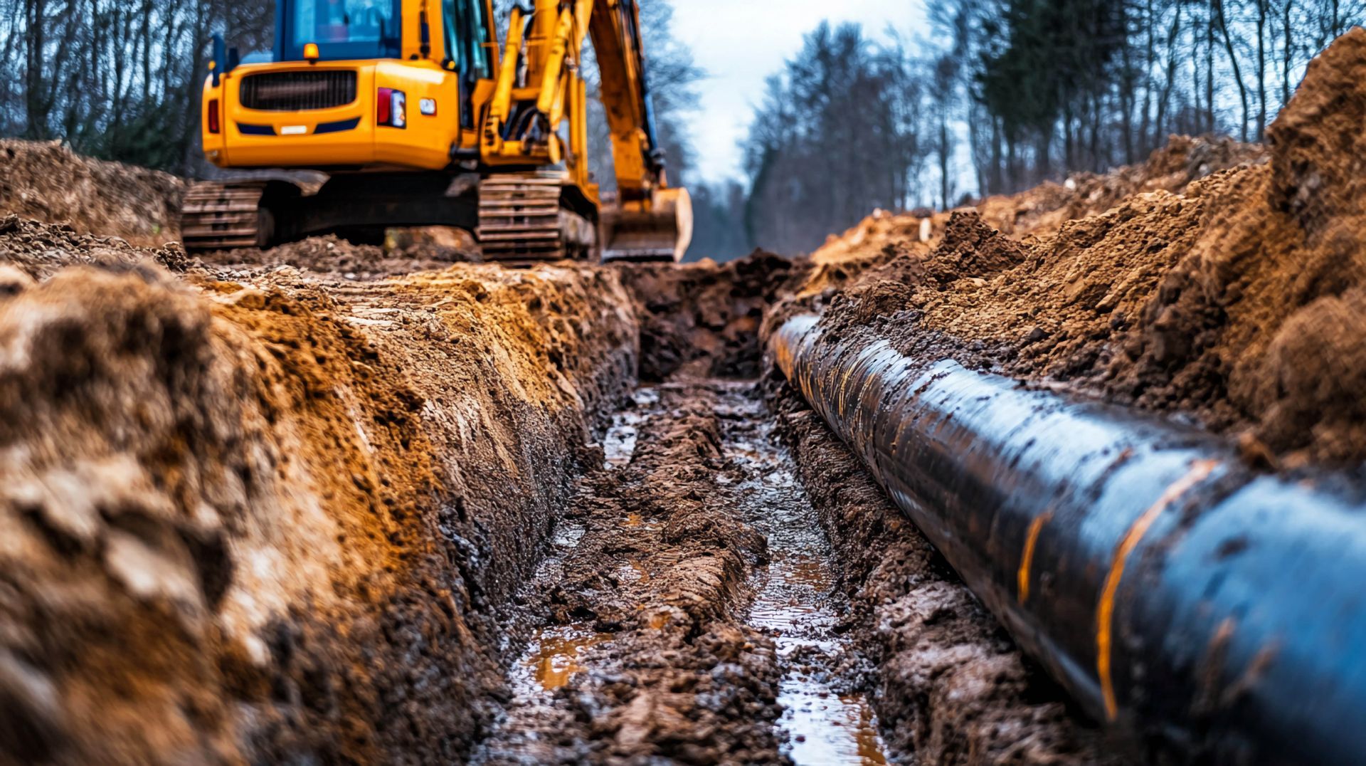 Une pelleteuse jaune creuse une tranchée boueuse à côté d'un gros pipeline noir dans une zone boisée.