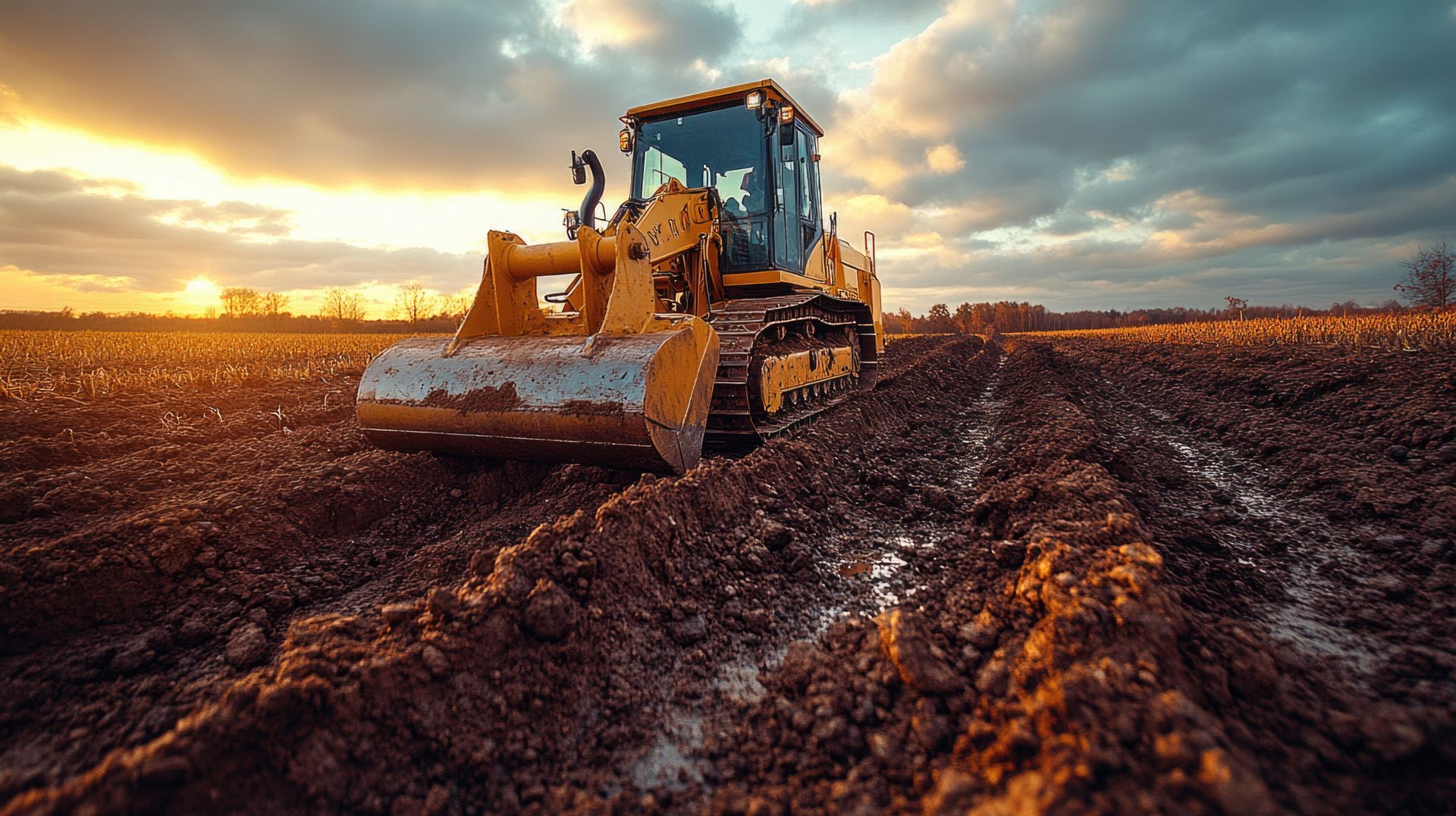 Un bulldozer laboure un champ boueux au coucher du soleil sous un ciel nuageux spectaculaire.