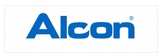 Logotipo da Alcon em texto azul sobre um retângulo branco.