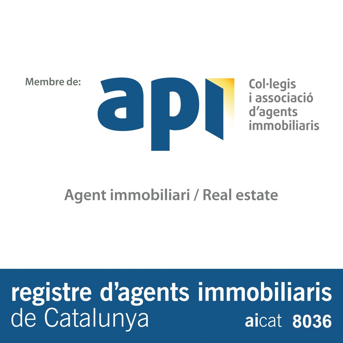Logotipo de la asociación inmobiliaria API con número de registro de agente aicat 8036.