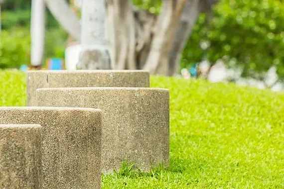 Una hilera de escalones de hormigón situados encima de un exuberante campo verde.