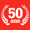 50 ans en blanc à l'intérieur d'une couronne sur fond rouge.
