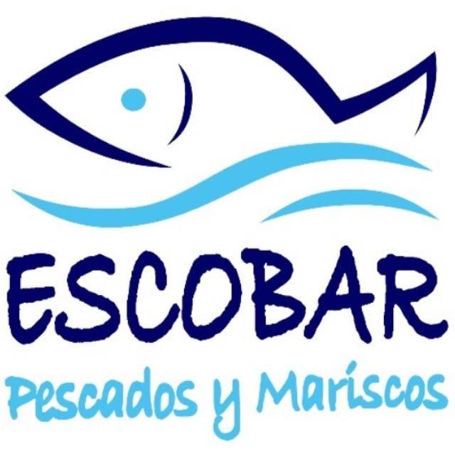 A blue and white logo for escobar pescados y mariscos