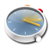 Un reloj blanco con una esfera azul y una manecilla amarilla sobre un fondo blanco.