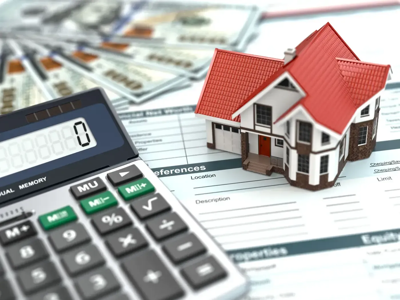 Una casa está sentada encima de una calculadora al lado de una pila de dinero.