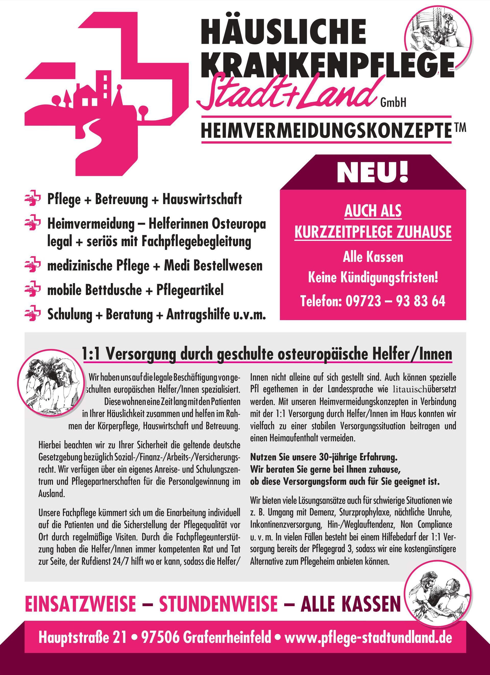 Ein rosa-weißer Flyer für eine Krankenpflege.