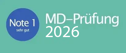Ein blauer Kreis mit der Aufschrift „Note 1 MD-Prüfung 2026“.