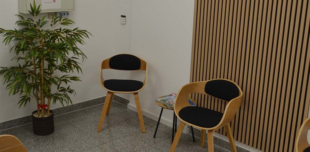 Ein Wartezimmer mit zwei Stühlen und einer Pflanze