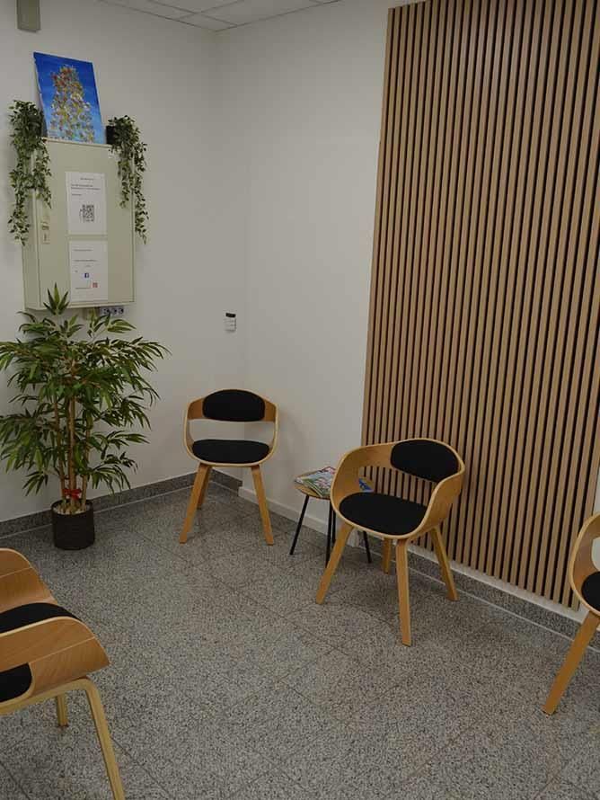 Ein Wartezimmer mit Holzstühlen und einer Pflanze