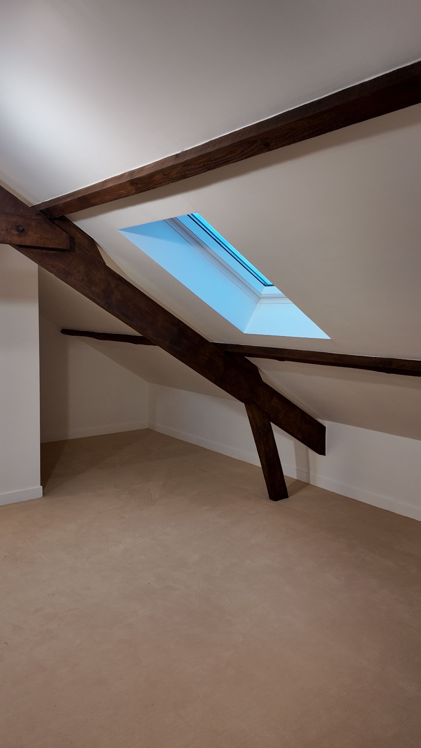 Chambre avec moquette beige, murs blancs, poutres en bois foncé et puits de lumière.