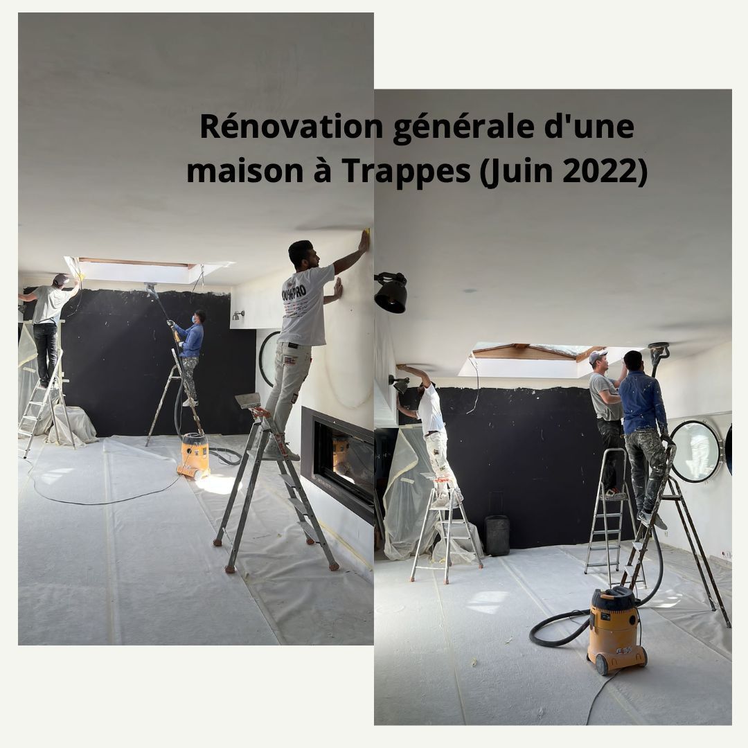 Rénovation d'une maison à Trappes (juin 2022) : des ouvriers sur des échelles peignent une pièce aux murs noirs.