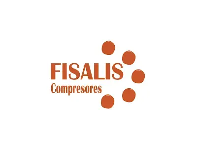 Logotipo para FISALIS Compresores: texto marrón y puntos orbitando sobre fondo blanco.