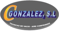 Logotipo con "GONZALEZ, SL" en letras de sombra azul, "C" en naranja y texto "TECNICAS DE VACIO - AIRE COMPRIMIDO" debajo.
