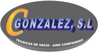 Logotipo con "GONZALEZ, SL" en letras de sombra azul, "C" en naranja y texto "TECNICAS DE VACIO - AIRE COMPRIMIDO" debajo.
