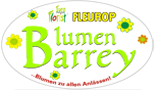 Ovales Schild: Blumenladen &bdquo;Blumen Barrey&ldquo;, gr&uuml;ne Buchstaben, gelbe Blumen, &bdquo;Florist FLEUROP&ldquo;.