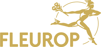 FLEUROP-Logo: goldene Figur eines Boten mit Blumen, der vor dem Text springt.