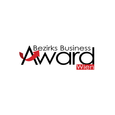 „Logo des Bezirks Business Award Wien mit einem roten Pfeil, der durch das Wort „Award“ nach oben zeigt.“