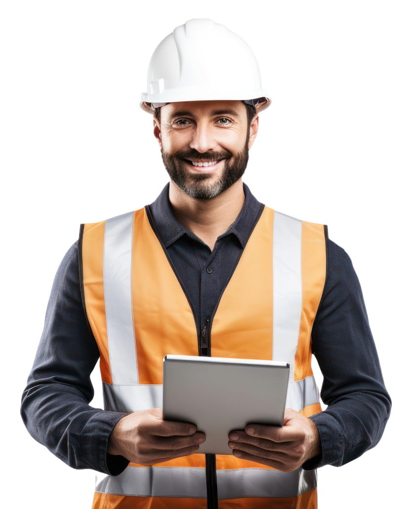 Homme en blazer, jean et bottes, bras croisés, souriant sur fond blanc.